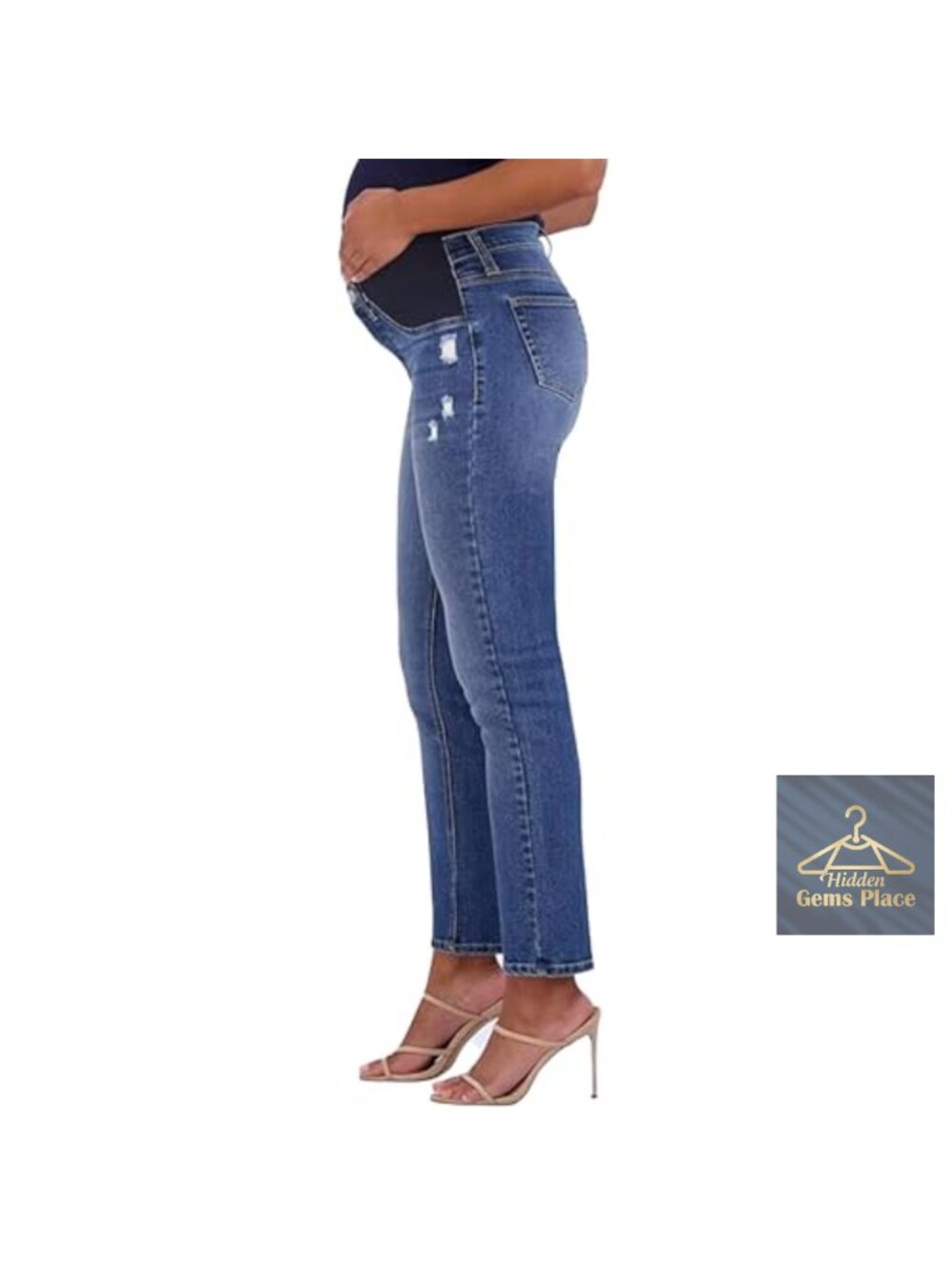 Maternity Jeans Straight Leg Under Belly High Waist Ripped Cotton Blend Pants